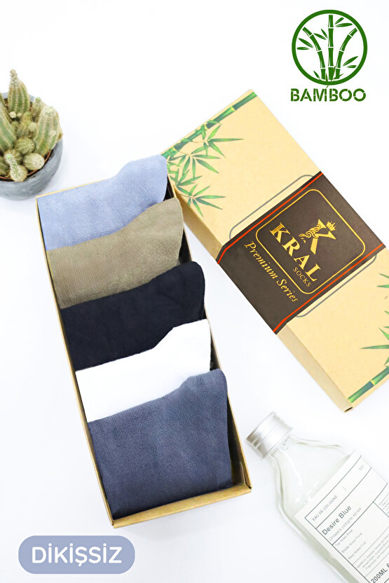 Erkek Bambu Çorap Düz Desen ( 5 Çift ) Kutulu Dikişsiz Hassas Dokuma Kısa Çorap
