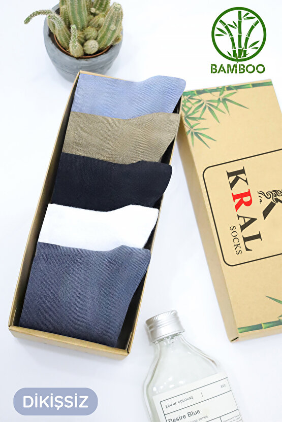 Erkek Bambu Çorap Düz Desen ( 5 Çift ) Kutulu Dikişsiz Hassas Dokuma Kısa Çorap