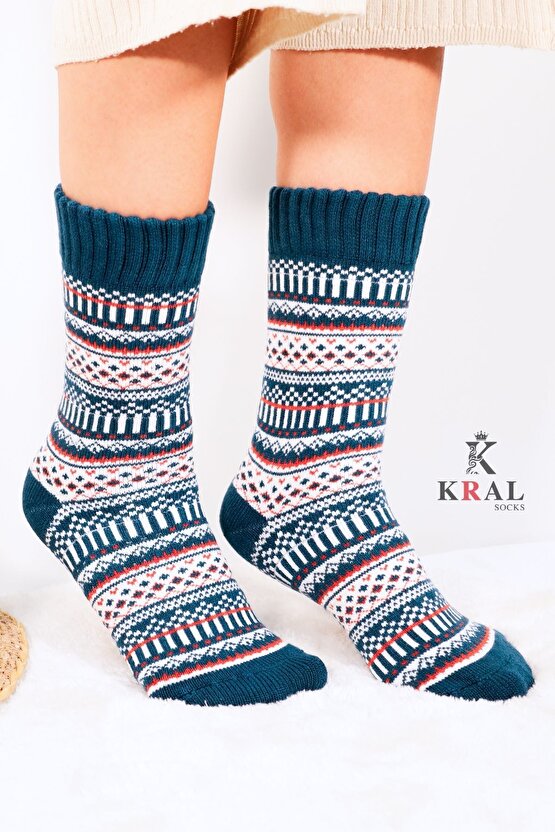 Özel Üretim (3 Çift) Kalın Kışlık %100 Yün Çizgili - Motif Desenli Çorap