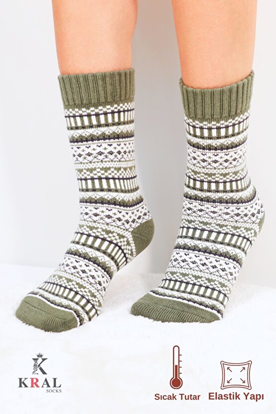 Özel Üretim (3 Çift) Kalın Kışlık %100 Yün Çizgili - Motif Desenli Çorap