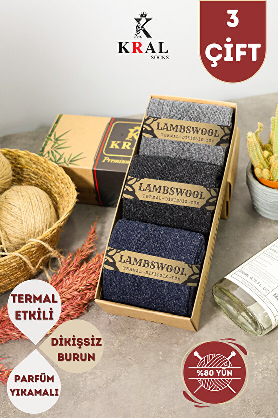 Termal Etkili 3 Çift Kutulu Kışlık Kuzu Yünlü Lambswool Dikişsiz Çorap