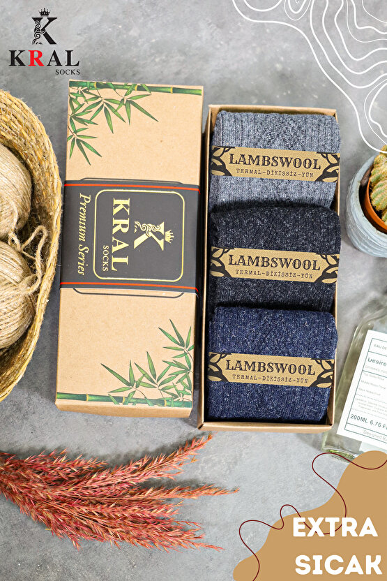 Termal Etkili 3 Çift Kutulu Kışlık Kuzu Yünlü Lambswool Dikişsiz Çorap