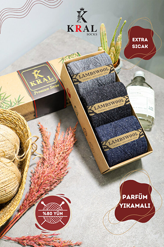 Termal Etkili 3 Çift Kutulu Kışlık Kuzu Yünlü Lambswool Dikişsiz Çorap