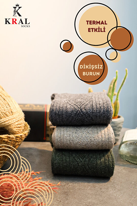 Erkek Koyun Yünlü Lambswool Kışlık 3lü Kutulu Dikişsiz Çorap
