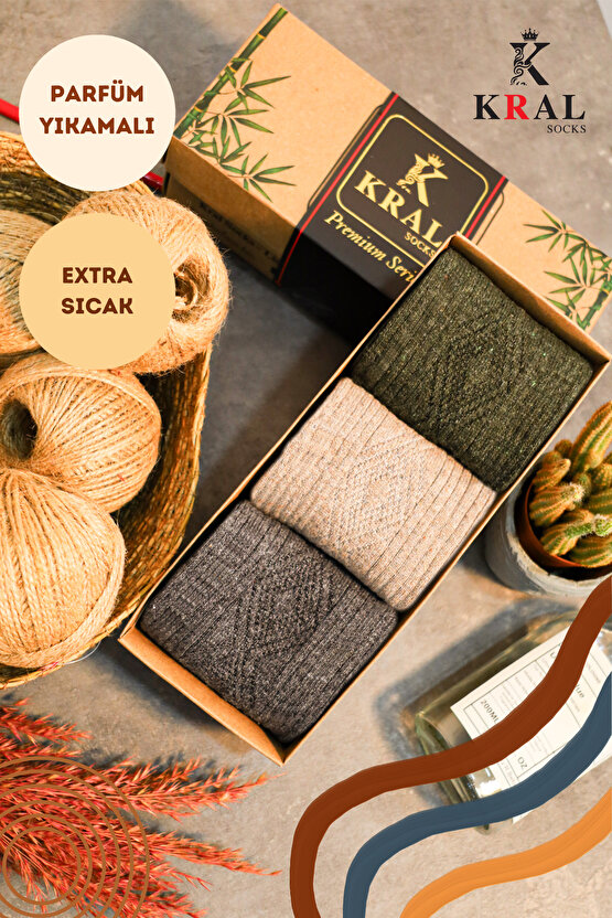 Erkek Koyun Yünlü Lambswool Kışlık 3lü Kutulu Dikişsiz Çorap