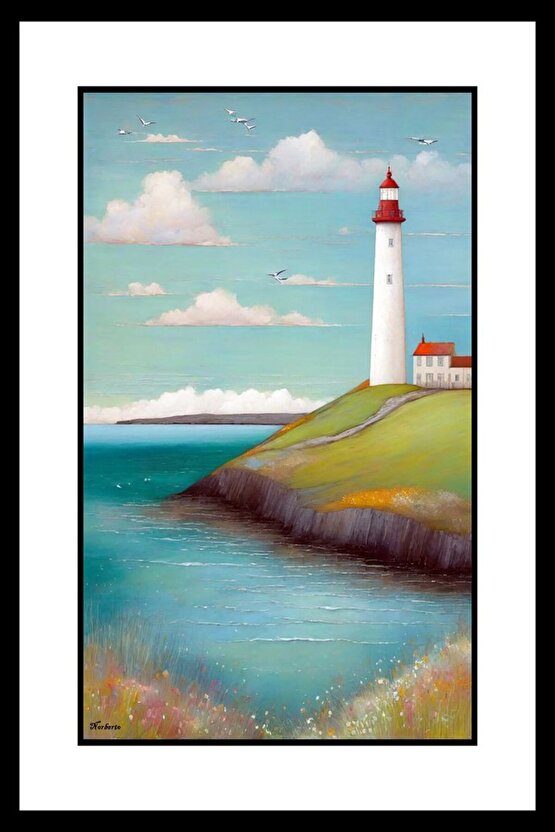 Deniz Feneri ve Köy Evi Digital Art ( ÇERÇEVESİZ - ÇERÇEVE YOKTUR ) ( ULTRA HD ) FOLYO AFİŞ - POSTER