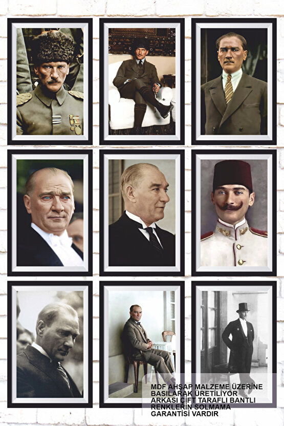 9 Parça Karışık Ahşap Tablo Seti Mustafa Kemal Atatürk çerçeve görünümlü poster seti