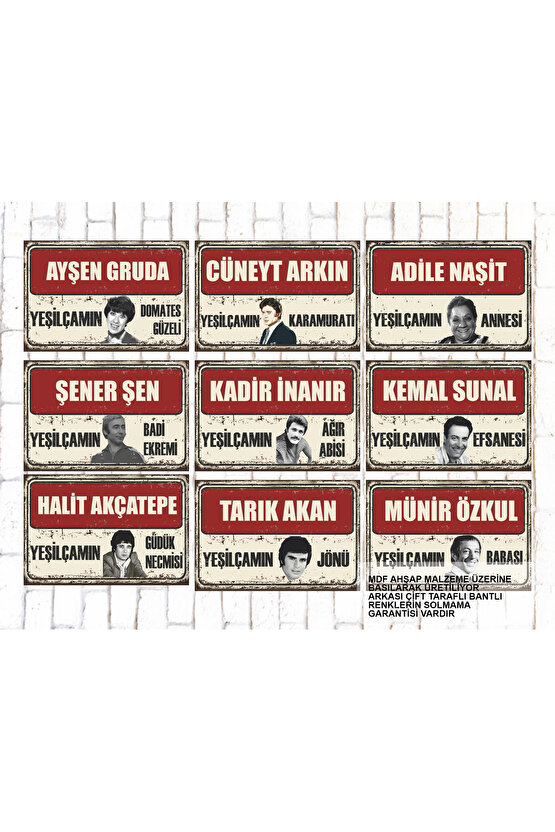 9 Parça Karışık Yazılı Ahşap Tablo Seti yeşilçam türk sineması oyuncuları portreleri