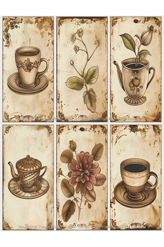 çay yaprağı çiçeği bitkisi çay fincanı mutfak kafe bar dekor tablo 6lı mini retro ahşap poster seti
