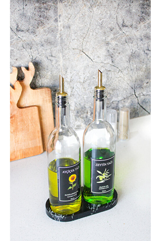 Mermer Desenli Stantlı Gold Kapaklı 2li Yağ Şişesi 750 ml  Zeytinyağ Sıvıyağ Şişesi Cam Yağdanlık
