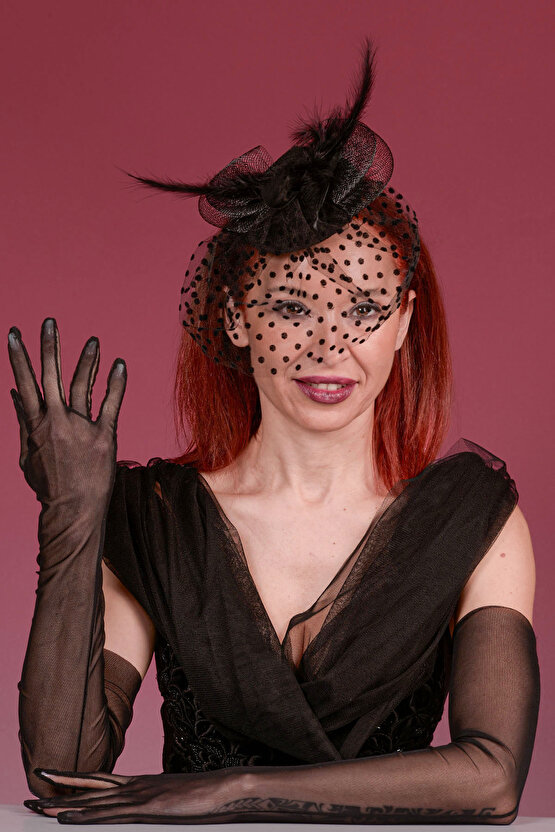 Siyah Puantiyeli Gelin Kepi Nikah Şapkası Ve Uzun Tül Gelin Eldiveni  Kombin Set