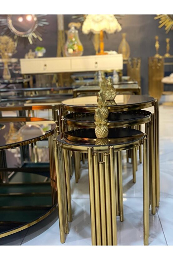 Piyano Gold Model 3lü Yuvarlak Sehpa