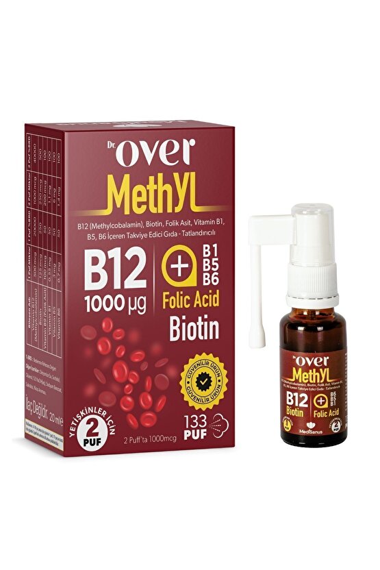 B12 (METHYL) Plus, Biotin, Folik Asit, Vitamin B1, B5, B6 Içeren Tak. Edici Gıda Sprey 20 ml 3 kutu