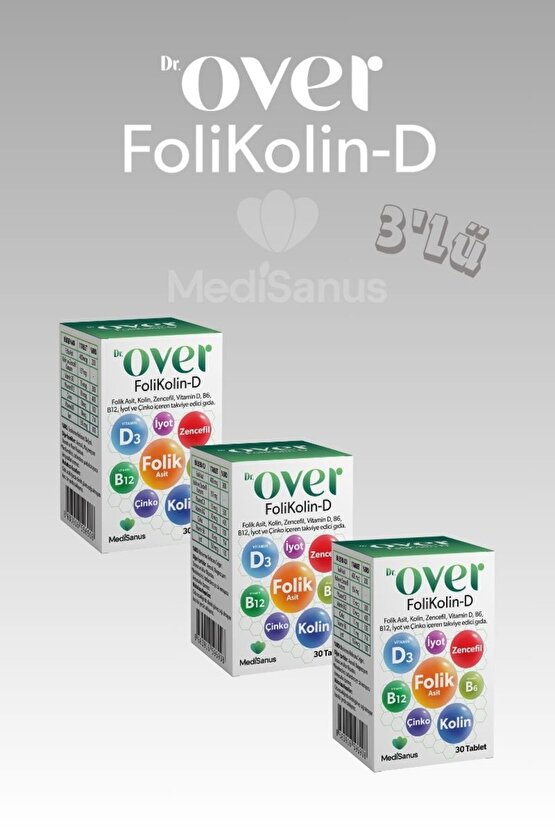 Folikolin D, Folik Asit, Kolin, Zencefil, Vitamin D B6 B12, Iyot Ve Çinko, 30 Tablet 3 Kutu