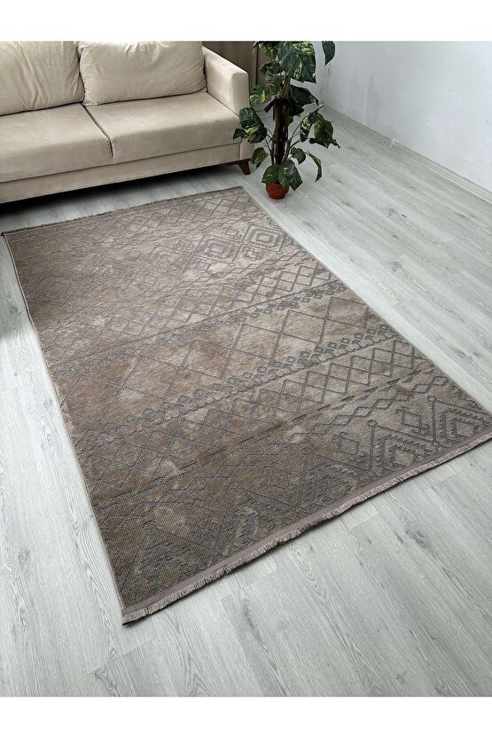 Modern İskandinav Desenli Yıkanabilir Kaymaz Dokuma Taban Şönil Halı Vizon