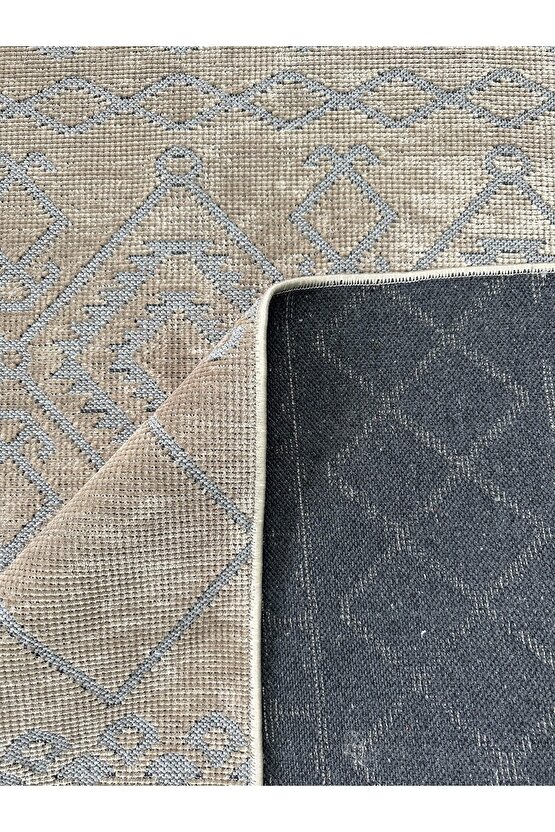 Modern İskandinav Desenli Yıkanabilir Kaymaz Dokuma Taban Şönil Halı Vizon