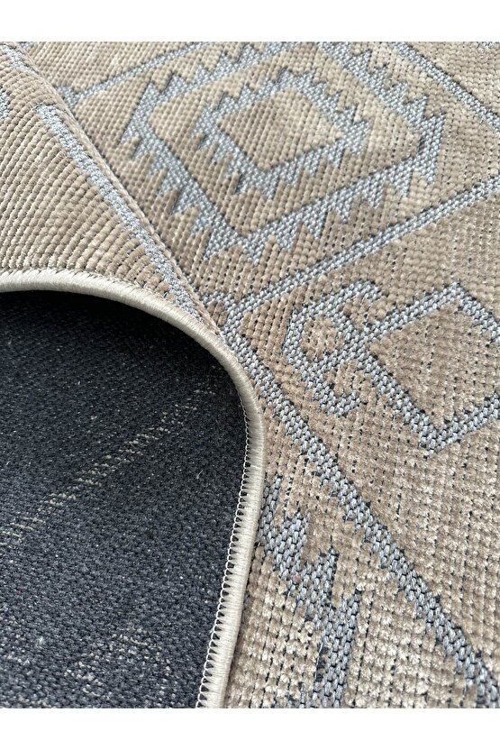 Modern İskandinav Desenli Yıkanabilir Kaymaz Dokuma Taban Şönil Halı Vizon