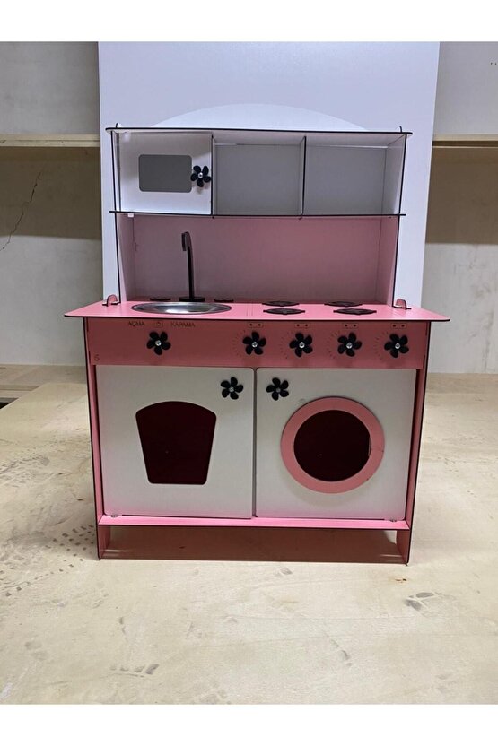 Montessori Eğitici Ahşap Oyuncak Mutfak Dolabı Pembe Beyaz 3mm