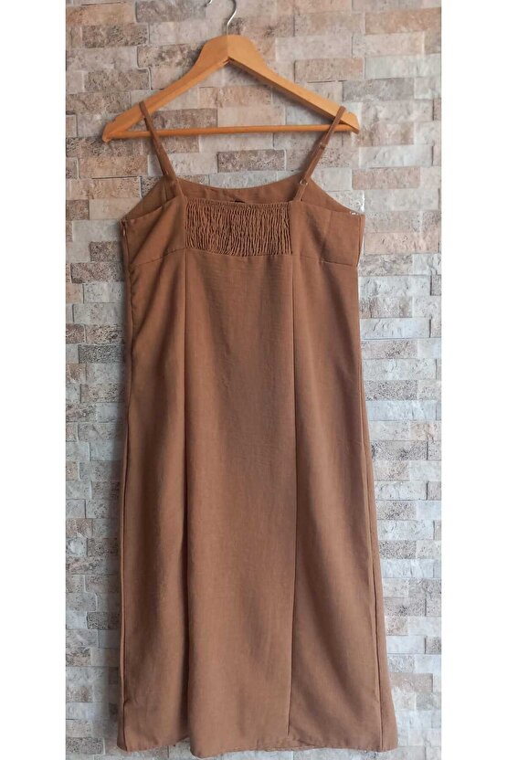 Ip Askılı Yandan Fermuarlı Kahverengi  Elbise