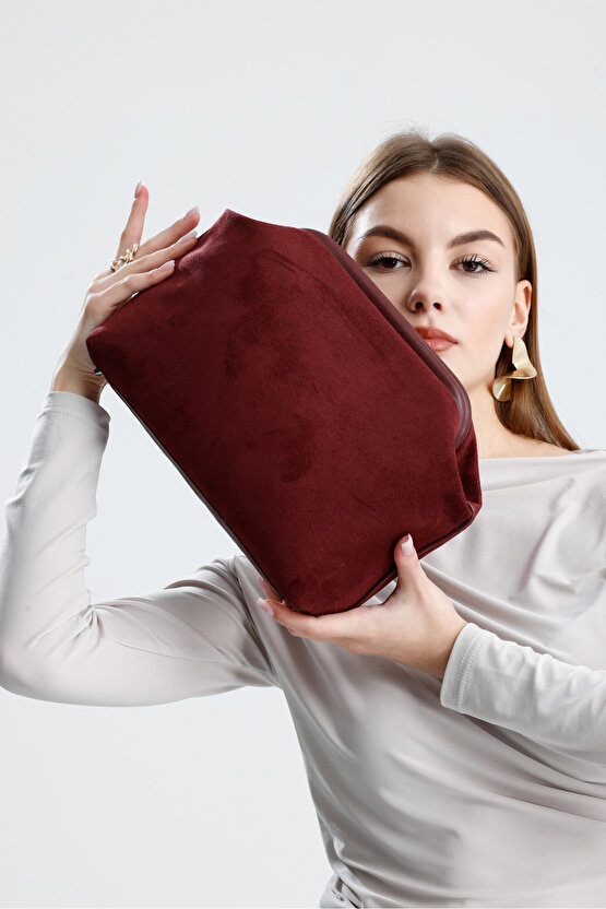 Heybes Kadın Bordo Süet Clutch El Çantası