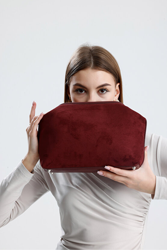 Heybes Kadın Bordo Süet Clutch El Çantası