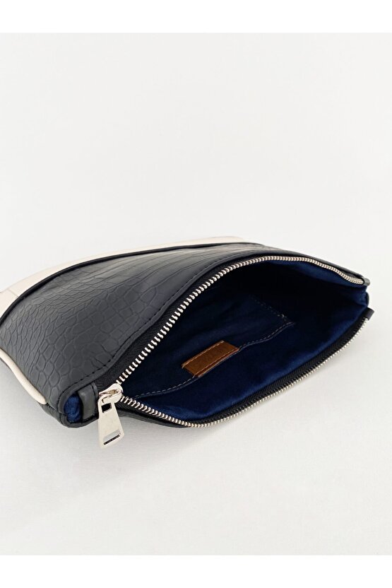 Bantlı Siyah Kroko Desenli Portföy Çanta