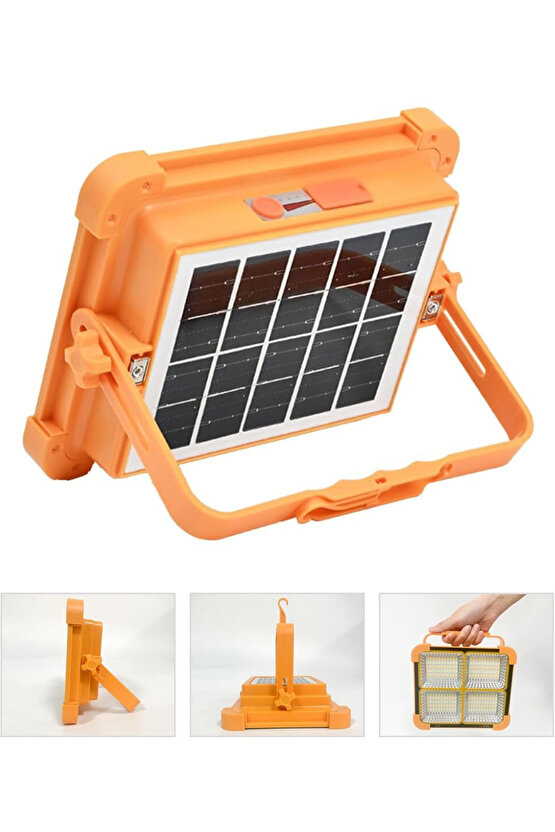 Güneş Enerjili Şarjlı Solar Led Projektör Taşınabilir Sarı Beyaz Ve Çakar Işık Lamba El Fenerli