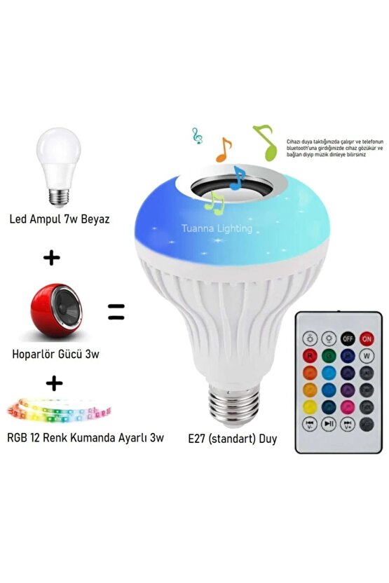 Bluetooth Hoparlörlü, RGB LED Işıklı Lamba, Uzaktan Kumandalı Müzik Çalar Ampul, Renkli Aydınlatma