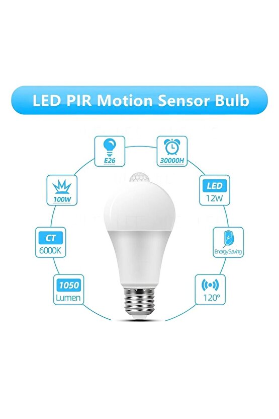 Hareket Sensörlü Led Ampul Lamba 12 W Beyaz E27