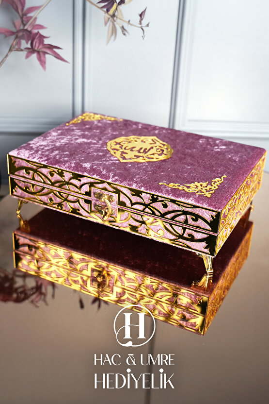 Kadife Kaplı Sandıklı Hediyelik Kuranı Kerim Seti | Lüks Ahşap Kutu, Kuran, Şal ve İnci Tesbih Seti