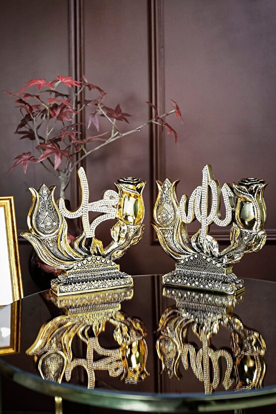 İkili Biblo Gül Lale Allah Muhammed Dini Islami Biblo Aksesuar Hediyelik Dekoratif Obje Süs