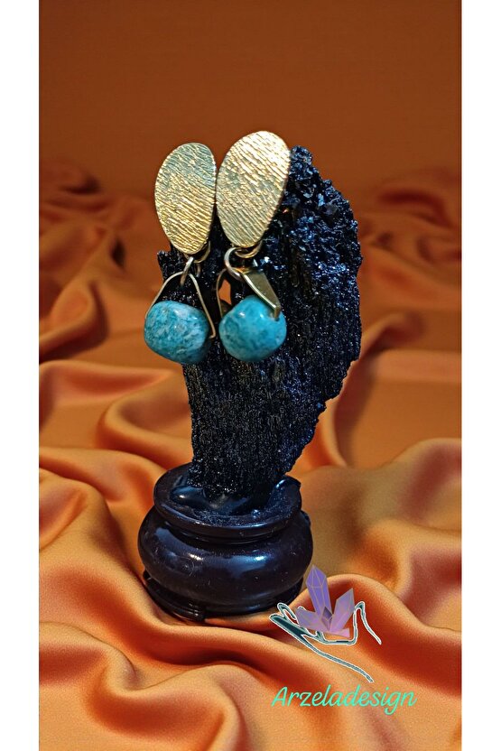 Doğal Taş Larimar Küpe Altın Kaplama Huzur ve Dişil Güç