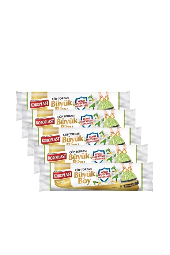 Koku Hapsetmeli Büyük Boy Yasemin Kokulu Büzgülü Çöp Torbası 65x70cm - 10lu X 5 Adet Avantajlı