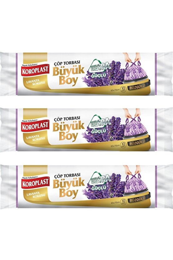 Ekstra Güçlü Lavanta Büzgülü Büyük Boy 10lu Çöp Torbası X 3 Paket (65x70 Cm)