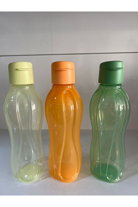 Eco Şişe 500 ml 3lü Set - Portakal-yeşil Ve Limon Sarı Kolay Açılır Kapaklı Suluk Matara