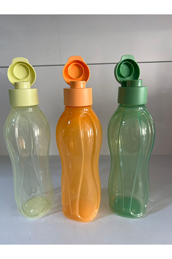 Eco Şişe 500 ml 3lü Set - Portakal-yeşil Ve Limon Sarı Kolay Açılır Kapaklı Suluk Matara