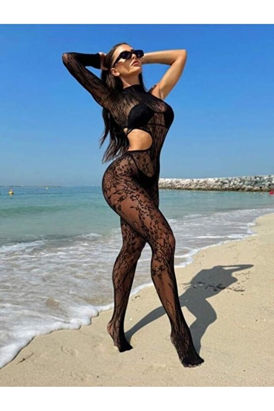 Taşlı Dantel Detaylı Siyah Tüm Boy Çorap