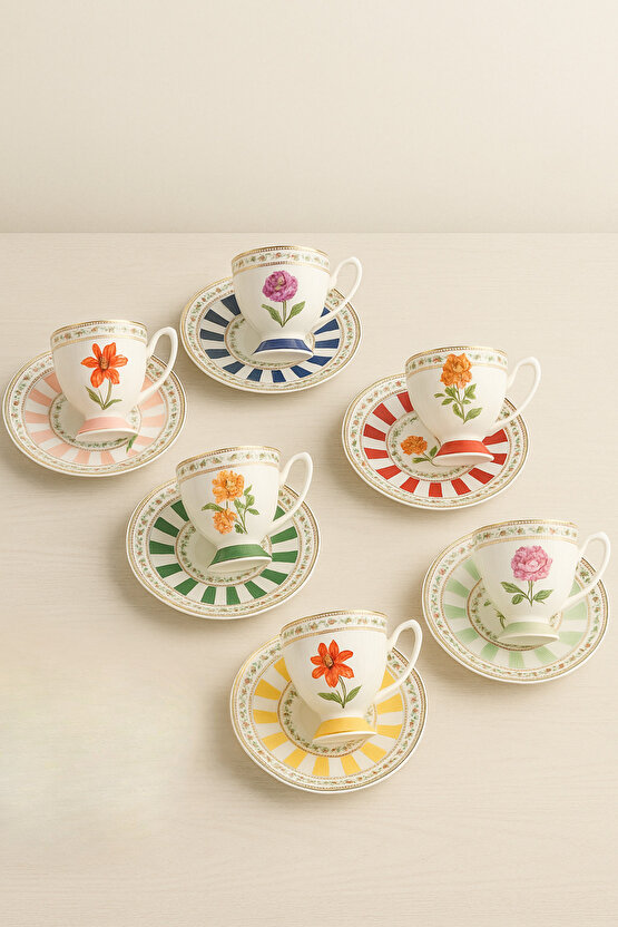 6 Renk Çiçek Desenli Porselen Kahve Fincan Takımı 12 Parça – 6 Kişilik Şık Sunum Seti