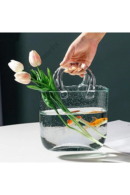 Dekoratif Çanta Şeklinde Zarif Ve Şık  Tasarım Şeffaf El Yapımı Cam Vazo