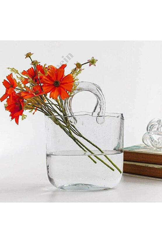 Dekoratif Çanta Şeklinde Zarif Ve Şık  Tasarım Şeffaf El Yapımı Cam Vazo