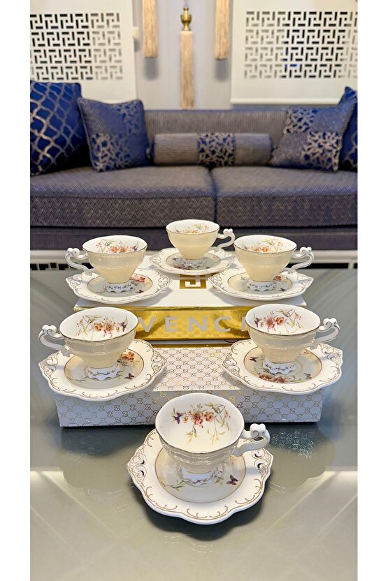 KOSOVA 6 Kişilik 12 Parça Porselen Ayaklı Güllü Kahve Takımı