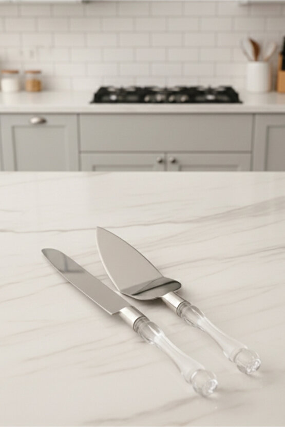 2li Kristal Saplı Pasta Servis Seti Spatula Bıçak Sunum Servis Seti