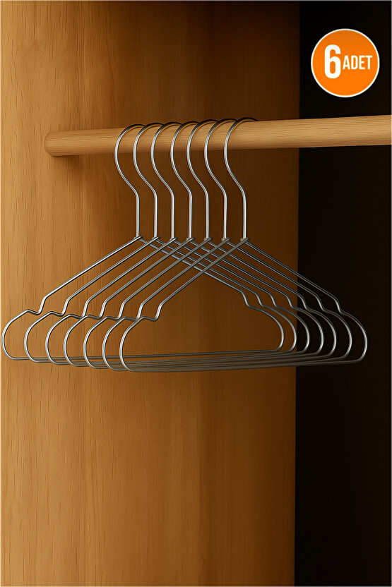 6lı Paslanmaz Metal Kıyafet ve Elbise Askısı Tel askı