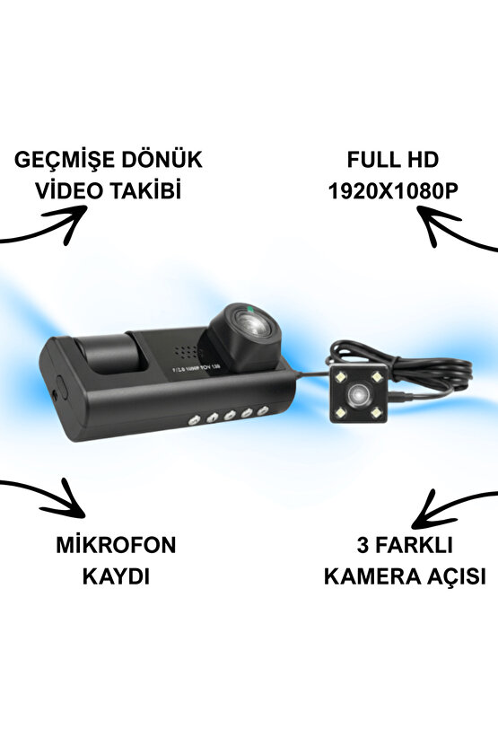 Araç İçi Kamera Trafik Kamerası Mikrofonlu Yol Takip 3 Kamera Sürücü Yol Ekranlı Kamera Kayıt Cihazı