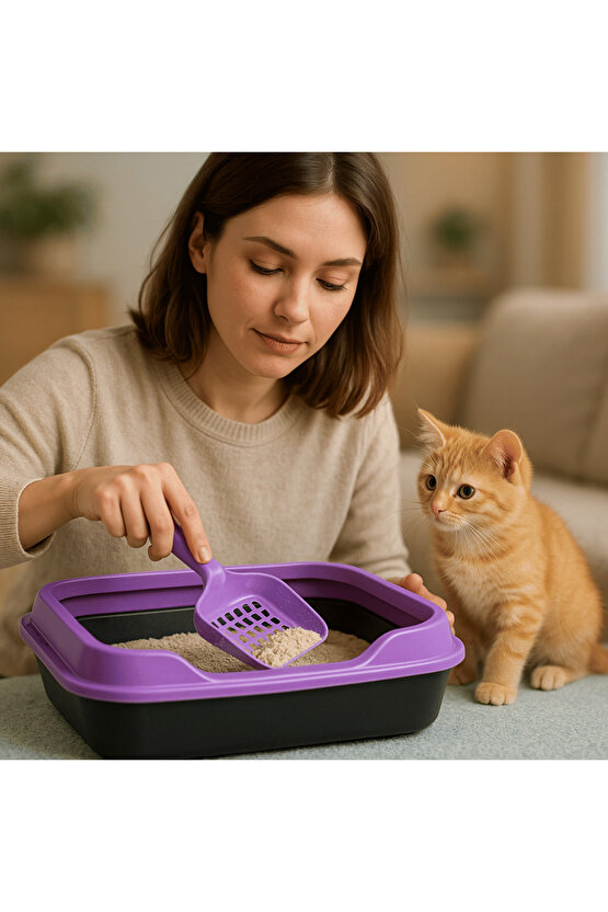 Kedi Tuvaleti Kürek Hediyeli Kedi Köpek Eğitim Tuvaleti Büyük Boy Tuvalet Kabı Mor Kedi Tuvalet Seti