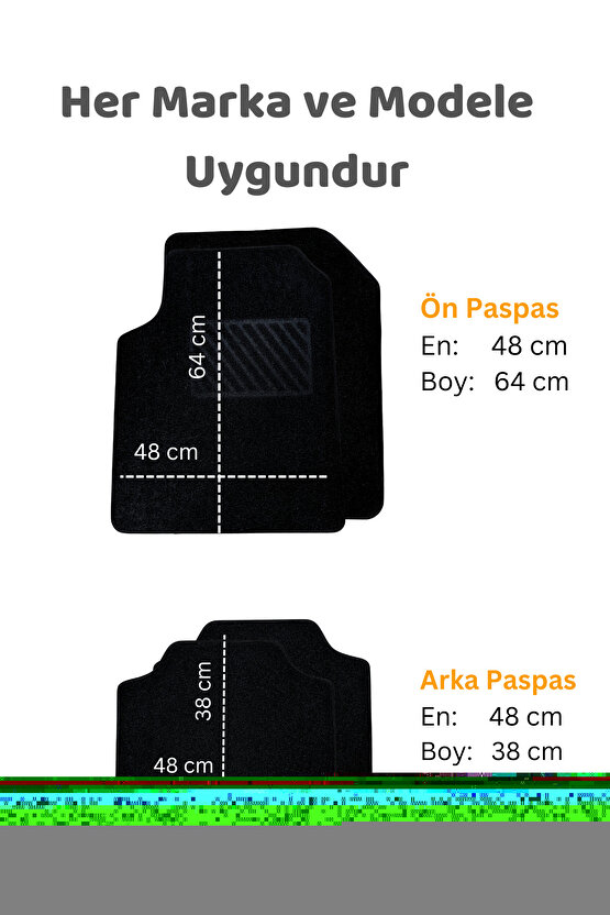 Oto Paspas Halı Kaymaz Taban Yıkanabilir Silinebilir Tüm Araç Modellere Uyumlu Siyah TPR 4 Parça