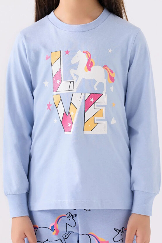 Kız Çocuk Mavi Uzun Kol Pijama Takım