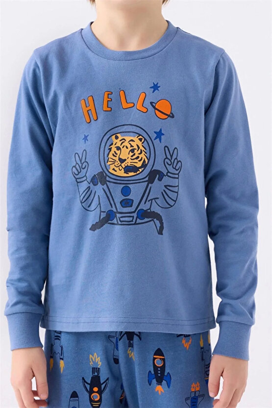 Erkek Çocuk Mavi Uzun Kol Pijama Takım