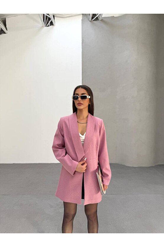 Şal Yaka Çizgili Blazer Ceket Elbise