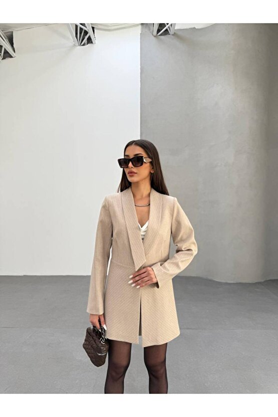 Şal Yaka Çizgili Blazer Ceket Elbise